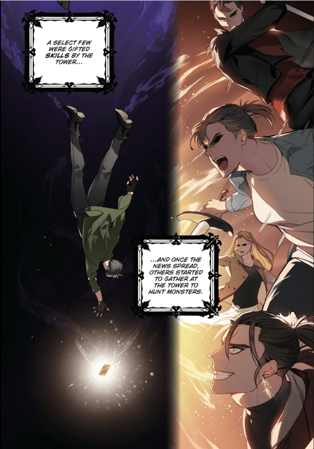 Man falls through space reaching for a card. Also there's a bunch of people in various fighting poses. One of them is screaming. Text reads, "A select few were gifted skills by the tower... ...and once the news spread, others started to gather at the tower to hunt monsters."